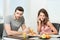 Couple having breakfast, girl talking on the phone