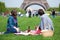 Couple having a picnic near the Eiffel tower