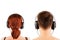 Couple with headphones. Back view.