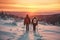 Couple of hikers with backpacks hiking in winter mountains at sunset with Generative AI.