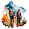 Couple of hikers on the trail in mountains. Rear view. Watercolor illustration isolated on white
