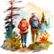 Couple of hikers on the trail in mountains. Rear view. Watercolor illustration isolated on white