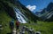 A couple of hikers trekking through a easy moutain trail, surrounded by towering peaks and verdant valleys and waterfall