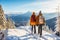 Couple hiking in mountains in winter. AI Generated