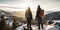 Couple hiking in mountains in winter. AI Generated