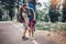 Couple hiking on the path in mountains