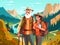 couple hiking trekking senior walking elderly active grandfather happy old. Generative AI.