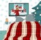 Couple of hippos are watching Christmas movie on TV on the bed with red plaid near Christmas tree