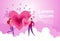 Couple Hold Hands Over Heart Shape On Pink Clouds Background With Copy Space Valentine Day Banner
