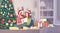 Couple Hold Present Decorated Gift New Year Merry Christmas Celebration Home Interior Pine Tree