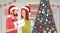 Couple Hold Present Decorated Gift New Year Merry Christmas Celebration Home Interior Pine Tree