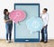 Couple holding browsing speech bubbles