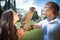 Couple holding on a hand of beautiful eagle