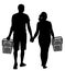 Couple holding hand and walking in shopping market vector silhouette. People with consumer basket buy food and another goods.