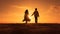 A couple holding hands as the sun sets behind them, AI