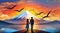 couple holding hands, mt fuji, sunset, bright sky with background, sunset art