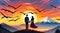 couple holding hands, mt fuji, sunset, bright sky with background, sunset art