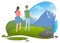 Couple Holding Hands Walking in Mountains Vector