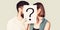 Couple holding paper question mark. Anonymous, man and woman question. Kiss couple, incognita. Problem in couple