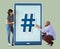 Couple holding tablet icons with hashtag