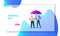 Couple Holding Umbrella Walking in Rainy Weather Landing Page Template. Speaking, Enjoying Relation, Love. Pair Outdoors