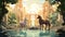Couple of horses in the park with a fountain. Vector illustration of a fantasy landscape