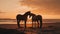 A couple of horses standing on top of a sandy beach. AI generative image.