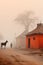 A couple of horses walking down a dirt road. AI.