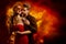 Couple Hot Flaming Kiss, Man in Love Kissing Woman in Fantasy Red Mask