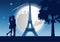 Couple hug together around with skyscraper near tree and Eiffel tower in Paris at night,silhouette style