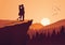 Couple hug together near cliff and close to a pine forest,silhouette style