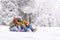 Couple hugging in the snow while taking a sliding break