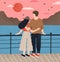 Couple hugging standing on waterfront admiring seascape at sunset vector flat illustration. Man and woman having