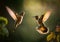 A couple of hummingbirds with long golden tail, beautiful action flight scene, open wings, blurred green background, generative AI