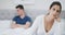 Couple, ignore and woman in bed for argument, divorce and fighting for marriage problem in home. Relationship, emotional