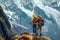 A couple of individuals standing at the peak of a mountain, taking in the awe-inspiring scenery, A brave hiker giving emotional