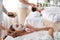 Couple indulges in rejuvenating with luxurious face cream spa massage. Quiescent