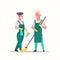Couple janitors man woman in uniform cleaning service concept cleaners holding mop and spray plastic bottle working