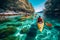 Couple kayaking in a beautiful turquoise river generative AI