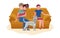 Couple with kid and dog sitting on sofa. Calm evening pastime concept