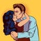 Couple kissing pop art. Realationship between man and woman. Vector illustration in comic style. EPS 10.