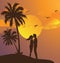 Couple kissing silhouette sunset on beach romantic moment yellow sky palm tree