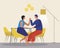 Couple in the kitchen at home, flat vector illustration with man and woman sitting at the table as a concept of romance and love