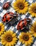 A couple of ladybugs sitting on top of sunflowers, Beautiful picture of ladybug and sunflowers.