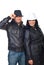 Couple in leather jackets and hats