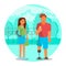 Couple with leg and arm prosthetics, flat vector illustration. Disabled people lifestyle, relationship, romantic date.