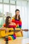 couple lgbt women live social online and play guitar musical instrument