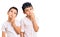 Couple of little brothers together wearing casual clothes serious face thinking about question with hand on chin, thoughtful about