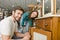 Couple looking bath furniture at big store