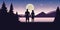 Couple in love at beautiful lake at night with full moon and starry sky mystic landscape